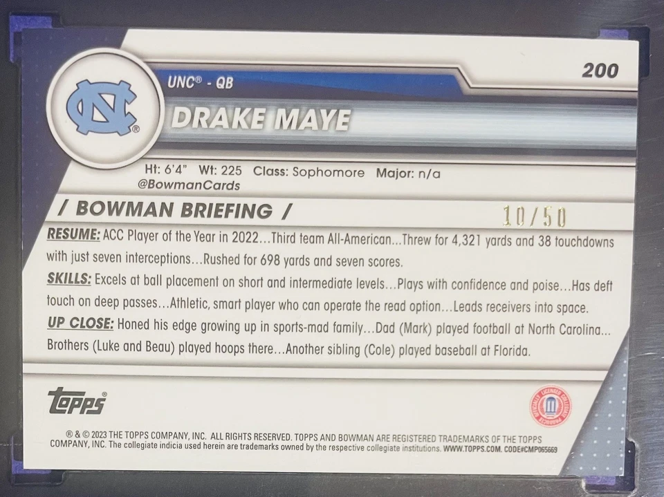 10/50 GOLD SHIMMER Jersey #’d DRAKE MAYE ROOKIE CARD 2023 Bowman U Chrome RC  - Image 4 of 4