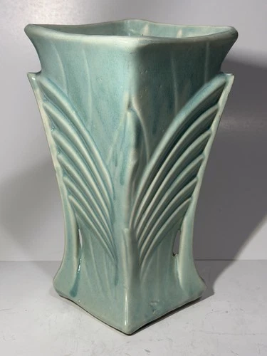 Gorgeous 1940's Art Deco McCoy Pottery Vase In Sea Foam Green Glaze. Signed