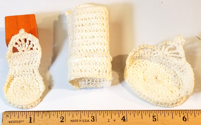 3 Dollhouse crochet items: chair, loveseat, basket