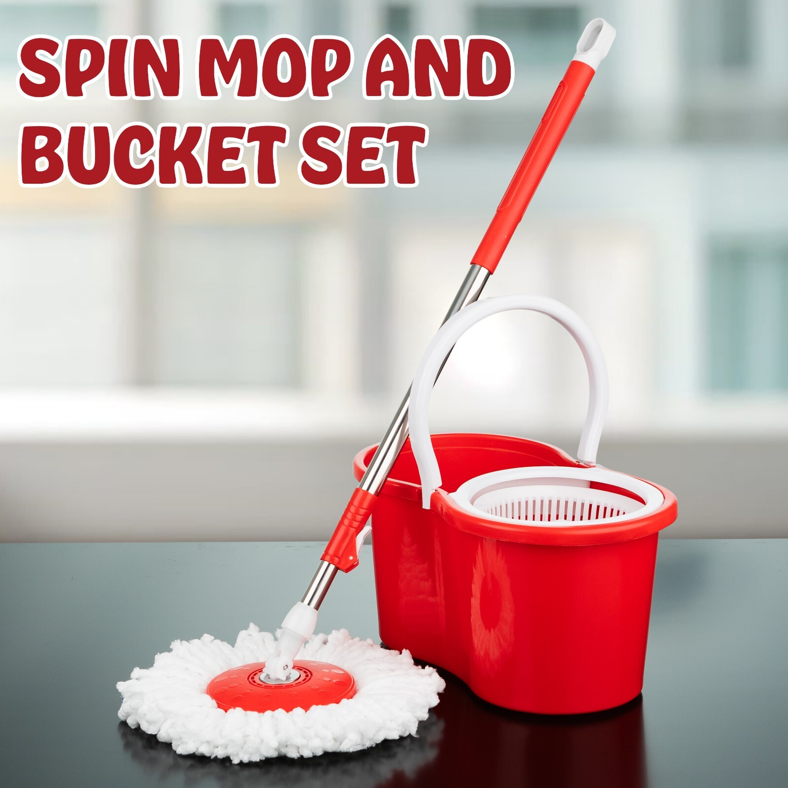Spin Mop 360° Bucket Set Floor Magic Microfiber Rotating Dry Heads with 2 Heads