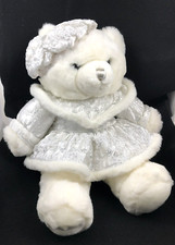 VINTAGE TEDDY BEAR 2001 WHITE  SILVER FUR TRIM DRESS  BERET PLUSH KEEPSAKE 18"