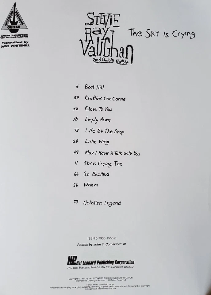 Stevie Ray Vaughan The Sky Is Crying Guitar Tab Sheet Music Book g1 - Image 2 of 4
