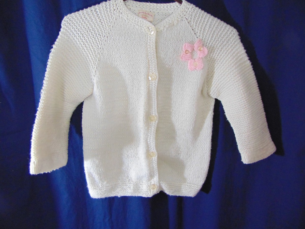 1950s Girl's White Cardigan Sweater w/Pink Bows- Medium-Hand  Knit-VG-PRETTY-SALE