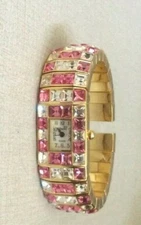 Geneva Women's Bangle Watch Rectangle Dial on Crystal Pink & White Band New!