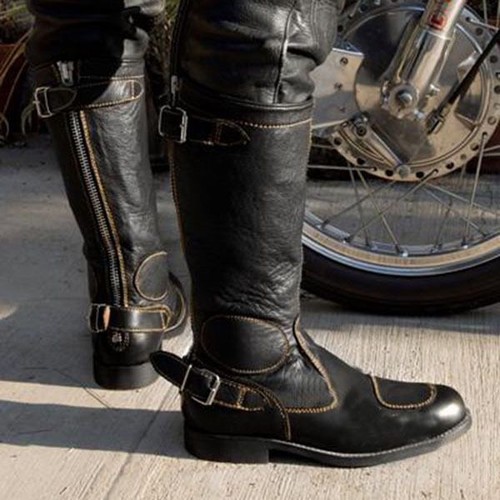 Men's Punk Rock Zip-up Leather Motorcycle Boots With High Metal Buckle Strap