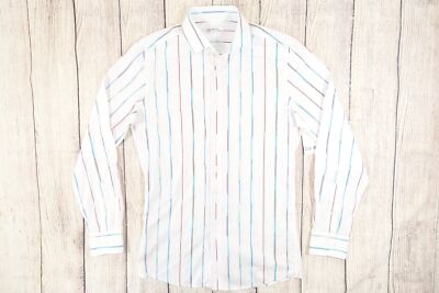 BAR III 3 STRIPED BLUE PINK WHITE SMALL 14-14.5 SLIM STRETCH BUTTON FRONT SHIRT 