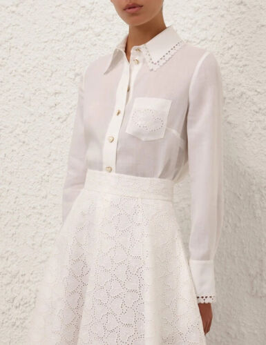 Zimmermann Crush Ramie Embroidered Shirt in Ivory Size 0/US 4