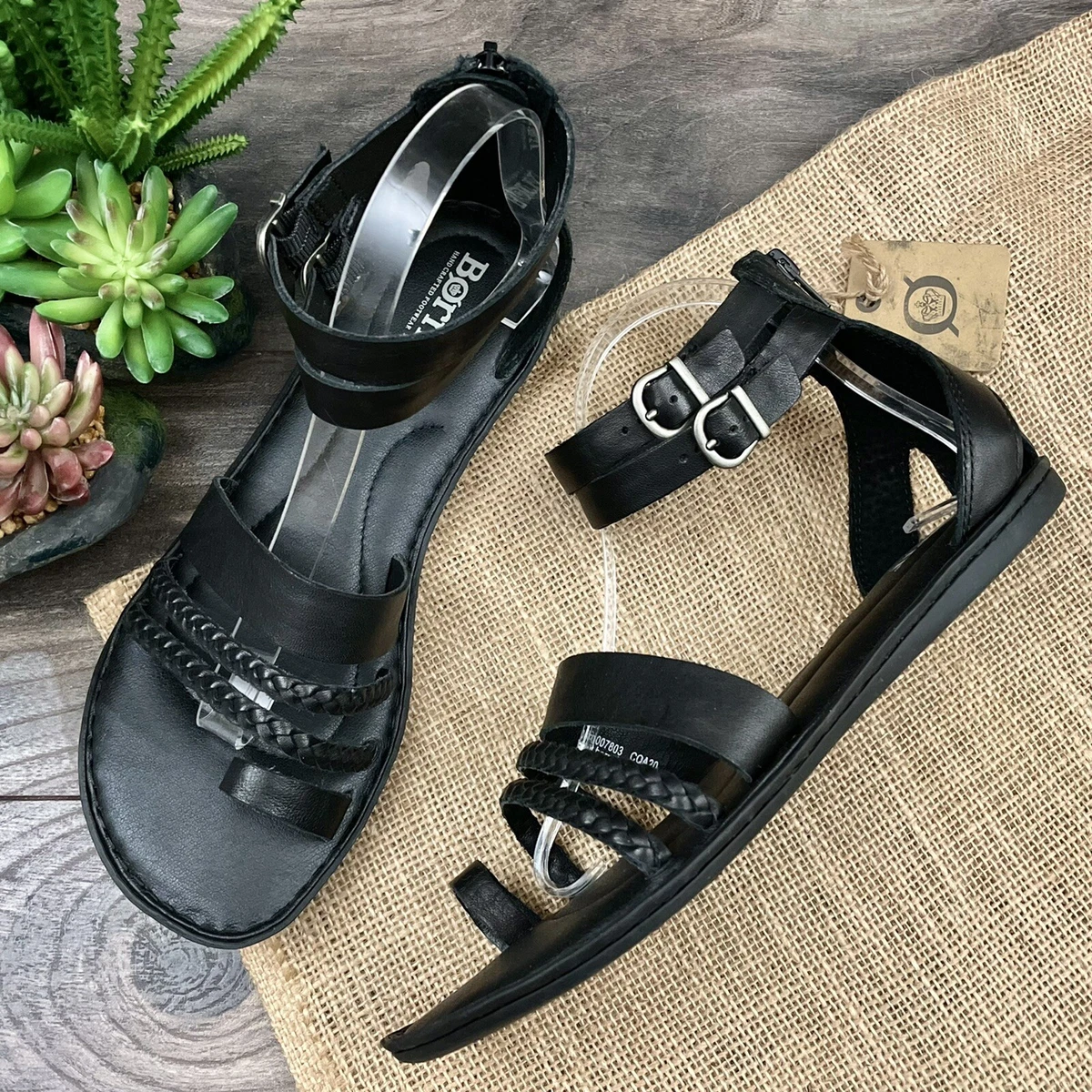 NEW Born Feon Toe Loop Ankle Strap Gladiator Sandal Black Leather