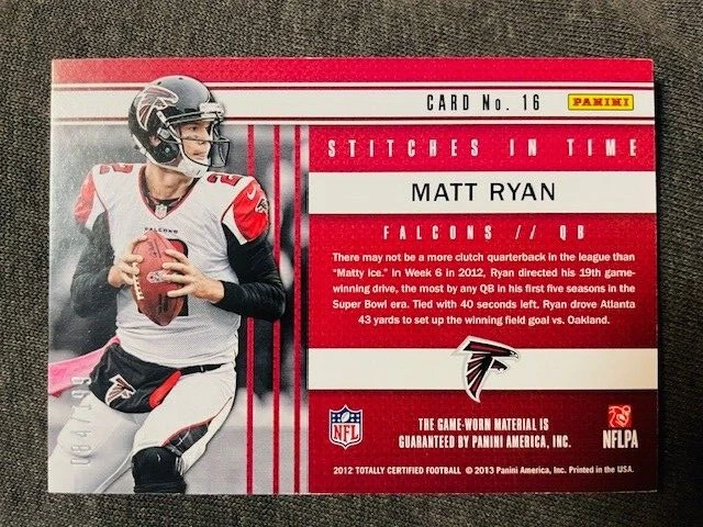 2012 Panini Totally Certified Matt Ryan Game Used Worn Jersey Relic /199 Rare - Image 2 of 2