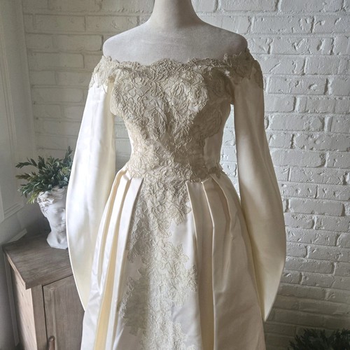 Vtg 80s 90s Lace Wedding Gown In Romantic 50s Style, Ivory, 4/S