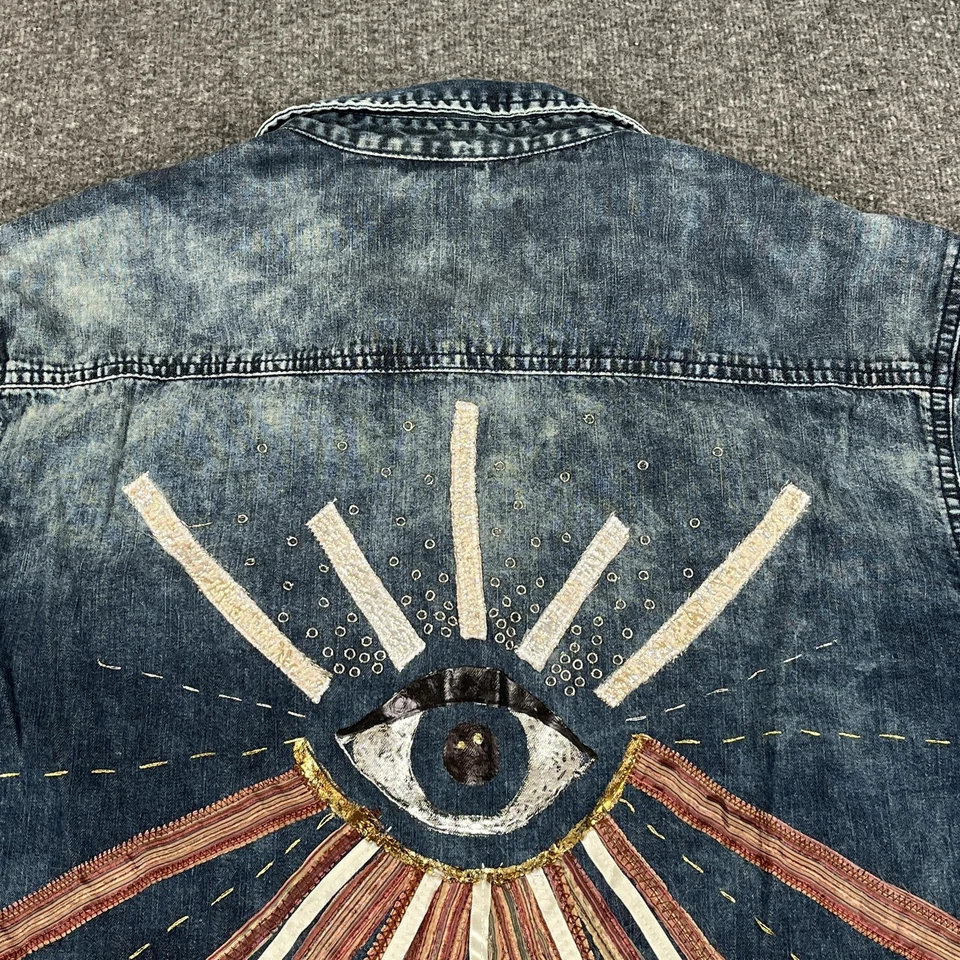 INC International Concepts Shirt Mens Medium Blue Denim Eye Sun Embroidered Y2K - image 4 of 4
