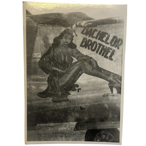 WWII Nose Art Photograph Pinup Girl Bachelor Brothel Bomber Plane B-24 Snapshot