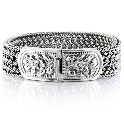 Silber geflochtenes Blumenschloss Unikat Armband, aus massivem 925 Sterling Silber