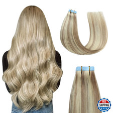 Tape in Human Hair Extensions Ash Blonde Highlighted Bleach Blonde 12 Inch