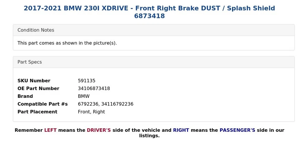 2017-2021 BMW 230I XDRIVE - Front Right Brake DUST / Splash Shield 6873418 - Image 4 of 4