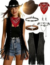 Western Cowgirl Outfits for Women Fringe Vest Set cowboy hat double hatbands ...