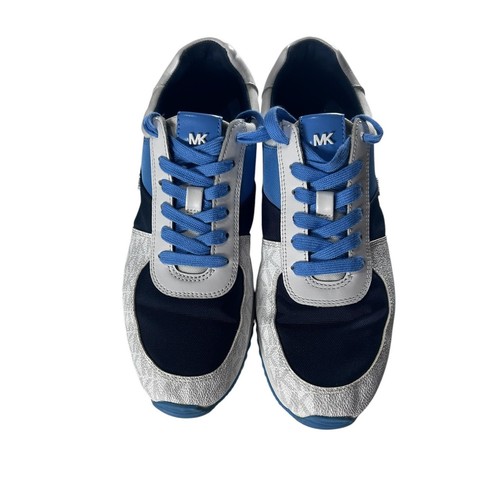 Michael Kors Allie Trainer Sneakers Blue Silver Monogram Logo Womens 9M SG20K