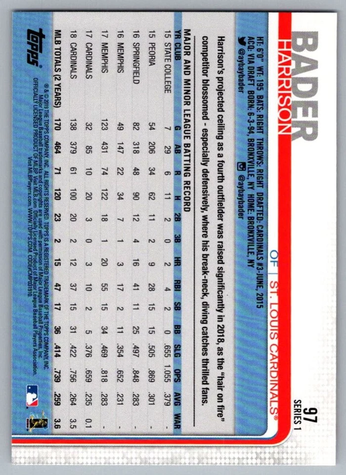 2019 Topps All-Star Game Harrison Bader St. Louis Cardinals #97 - Image 2 of 2