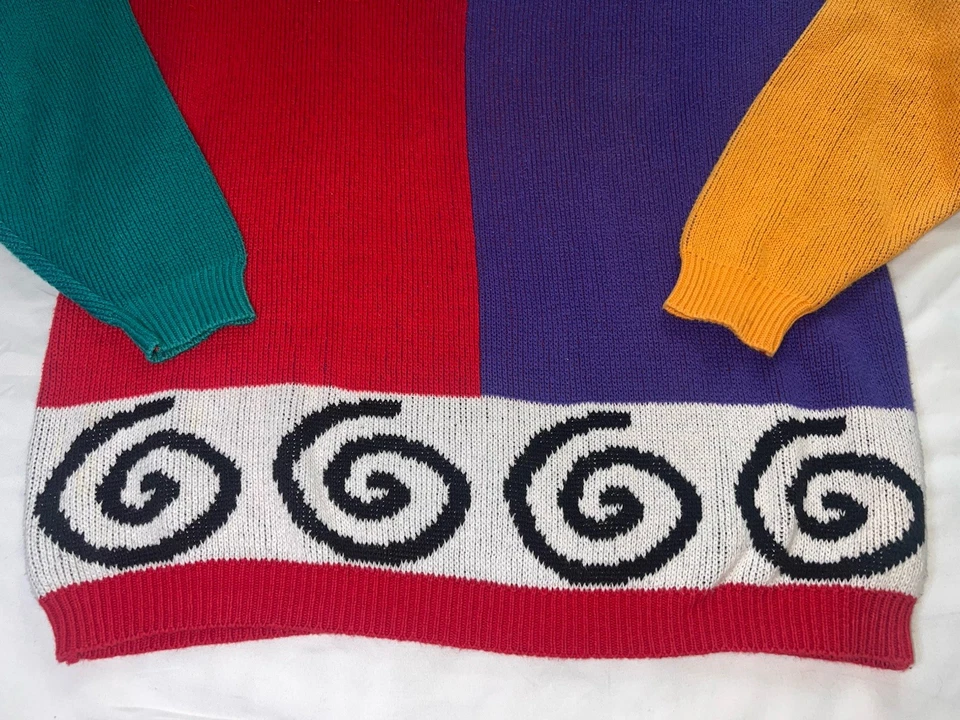 Sunbelt Sweater Womens Size OS Multicolor Colorblock Swirl Cotton Knit VTG 80s - Image 3 of 4