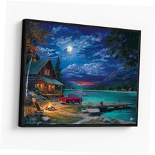 Lakefront Cabin Wall Art - 24x18 Inch Rustic Lake Scene with Vintage Truck