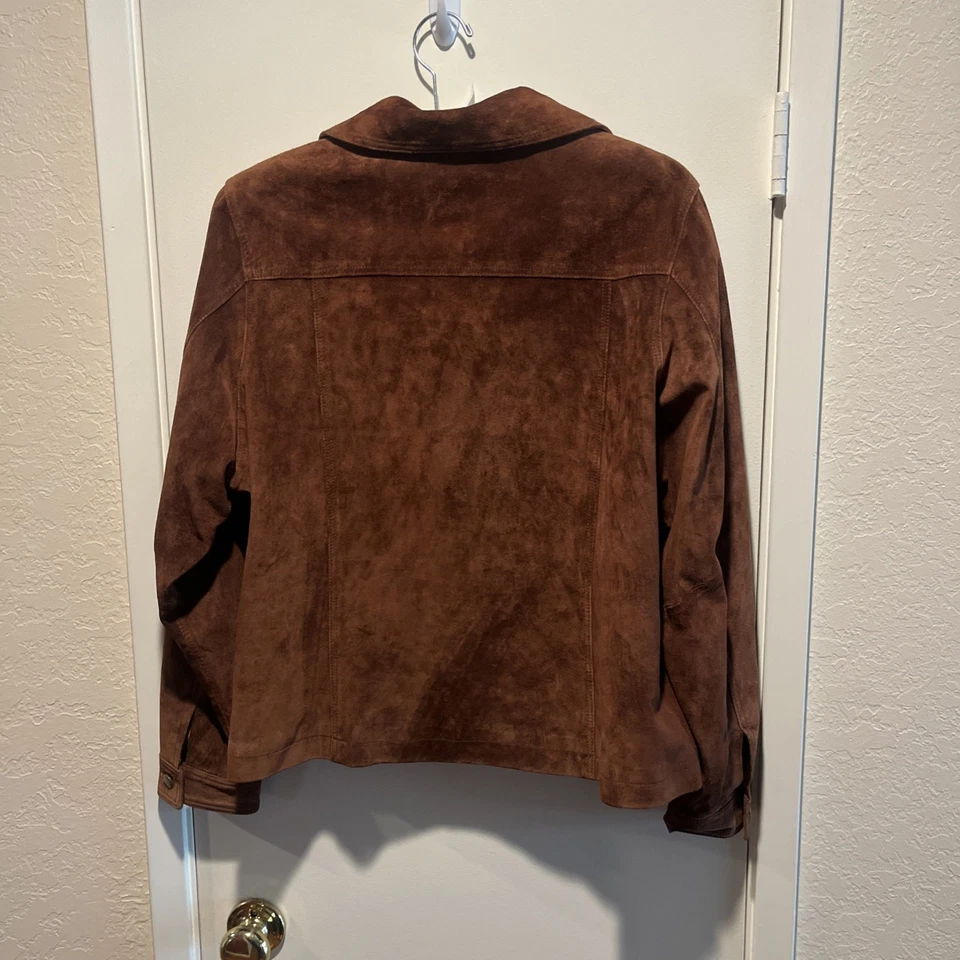 EN GAMUZA Marrón Chocolate Gamuza Mujer’s M Chaqueta Forrada Cremallera Bolsillos Frontales en el Pecho Foto 3 de 4