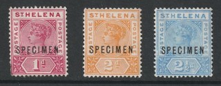 ST HELENA QV 1890/7 SPECIMEN O/PRINTS X 3 SG47s SG49s AND sg50s MINT NO GUM