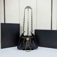 Women's Black Quilted Leather Drawstring Bucket Bag, Gold Chain Shoulder Bag