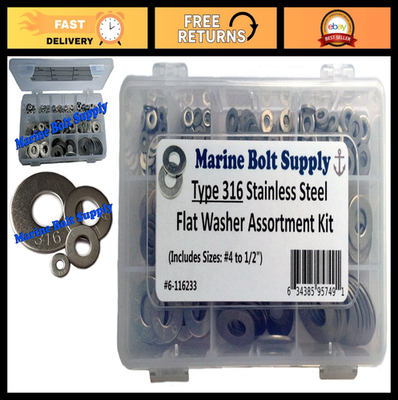 #ad #ad 316 Stainless Steel Flat Washer Assortment Kit for Marine amp; Industrial Use 6 S $50.99