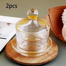 2x Glass Butter Dishes with Lid Compact for Countertop Desserts Small Fruits