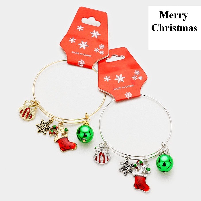 Bangle Charm Bracelet Expandable Wire Christmas Theme Silver-image