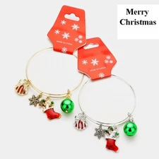 Bangle Charm Bracelet Expandable Wire Christmas Theme Silver
