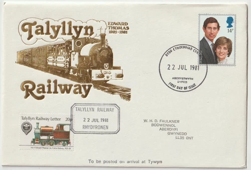 22/7/1981 UK GB FDC - Royal Wedding - Talyllyn Railway - Aberystwyth FDI P/M