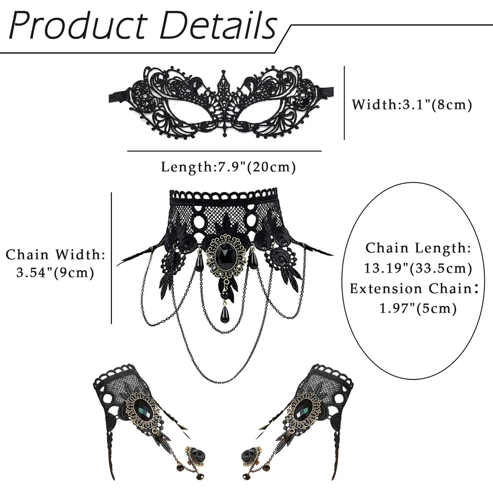 3Pcs Women Gothic Black Lace Mask Choker Necklace Bracelet Set Masquerade Party - Image 2 of 4