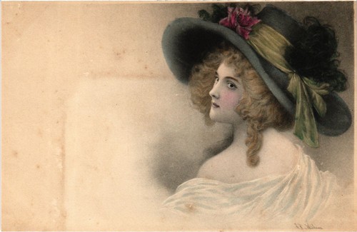 PC ARTIST SIGNED, ZIP, GLAMOUR LADY, BIG HAT, Vintage