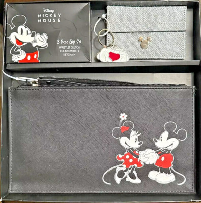 Bioworld Disney Mickey+Minnie 3PC Set - Wristlet Clutch/Id Card Wallet/Keychain