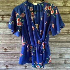 Sienna Sky Women's/Junior's Short-Sleeved  Blouse Size S Blue Faux-Wrap Floral