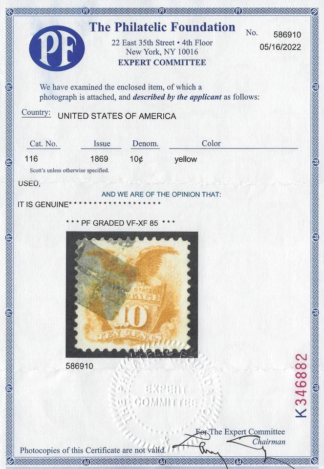 US Sc. # 116 - 2022 PF Cert - Graded VF / XF 85 - 10c Pictorial Issue      (P-1) - Image 3 of 3