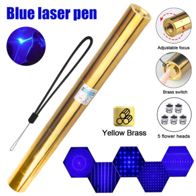 Brass 450nm Blue Laser Pointer Lazer Beam Torch + 5 Head Caps