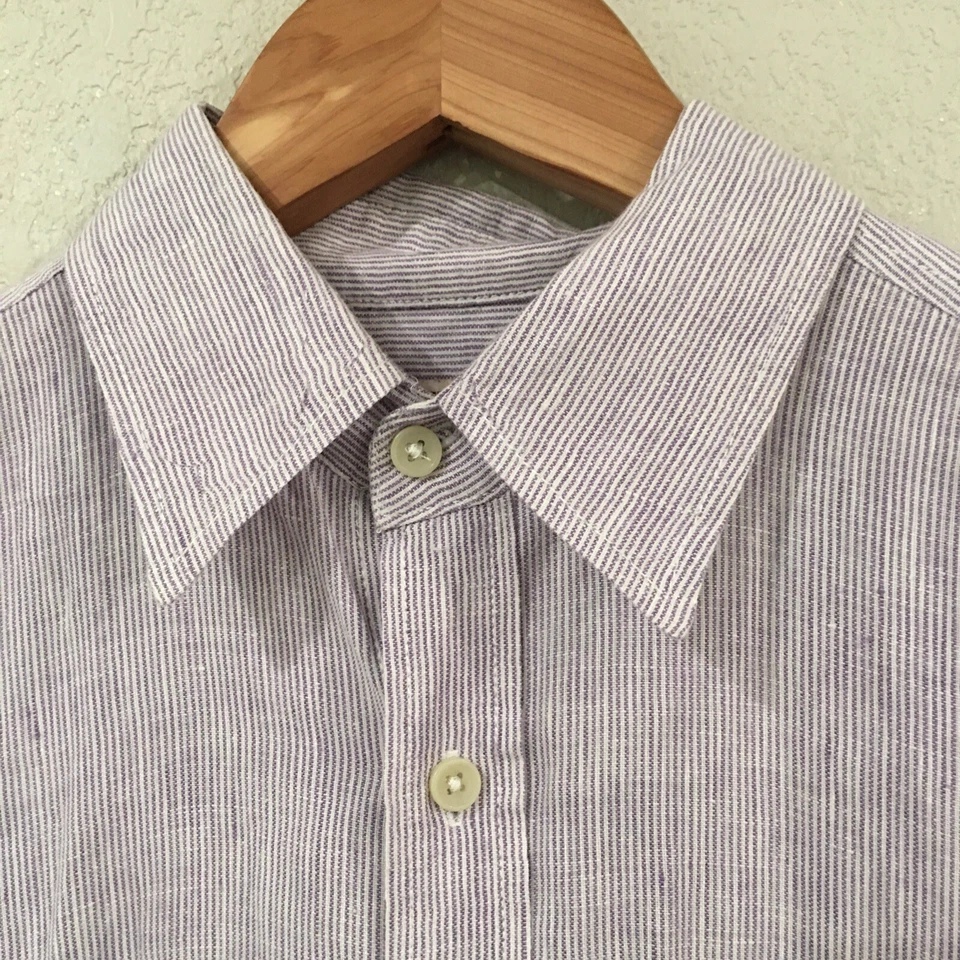 Merona Men S Button Shirt Purple 100% Linen Button Up Shirt Sleeve Stripe Preppy - Image 2 of 4