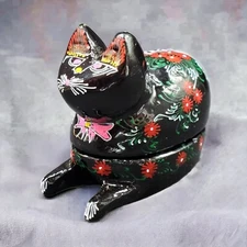 Vtg Kashmiri Cat Trinket Box India Black Lacquer Orange Flowers Green ~2-1/2"