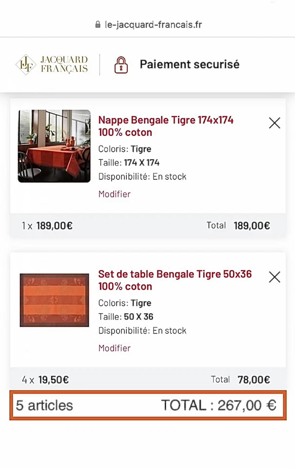 - 63 % NAPPE BENGALE TIGRE 174x174cm + 4 SETS ASSORTIS - LE JACQUARD FRANCAIS - Photo 2/4