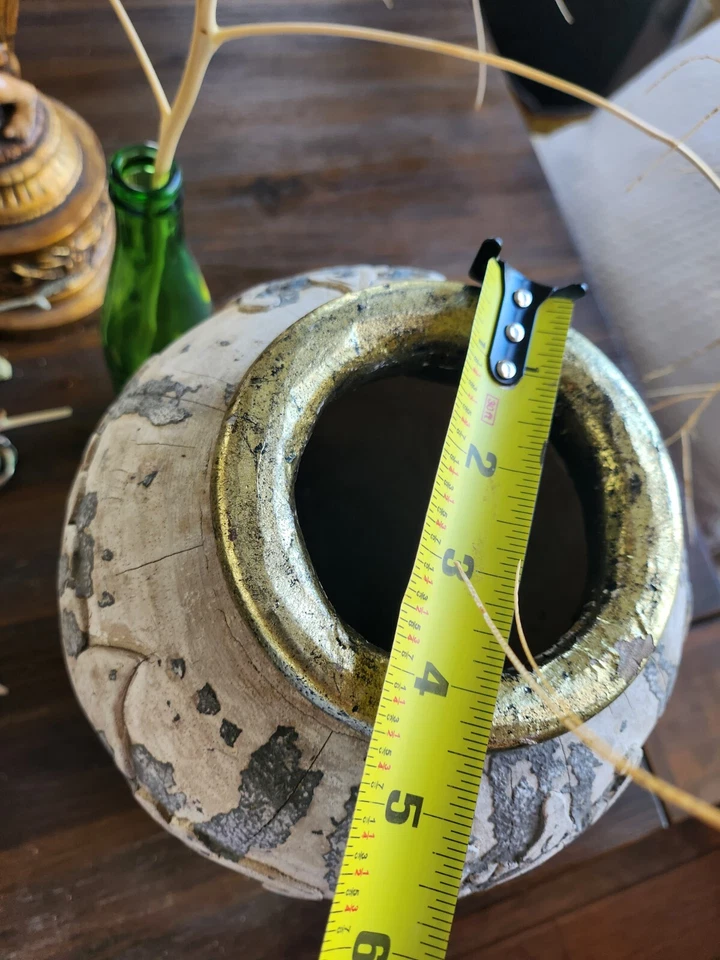 Antique Hand Carved Asian Wooden 13" Chinese Vase Vessel Feng Shui Goodluck Coin - Image 4 of 4