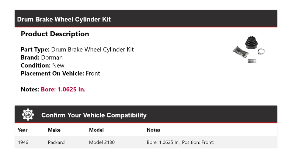 Kit de cilindro de rueda de freno de tambor delantero para Packard modelo 2130 Dorman 1946 Foto 2 de 4