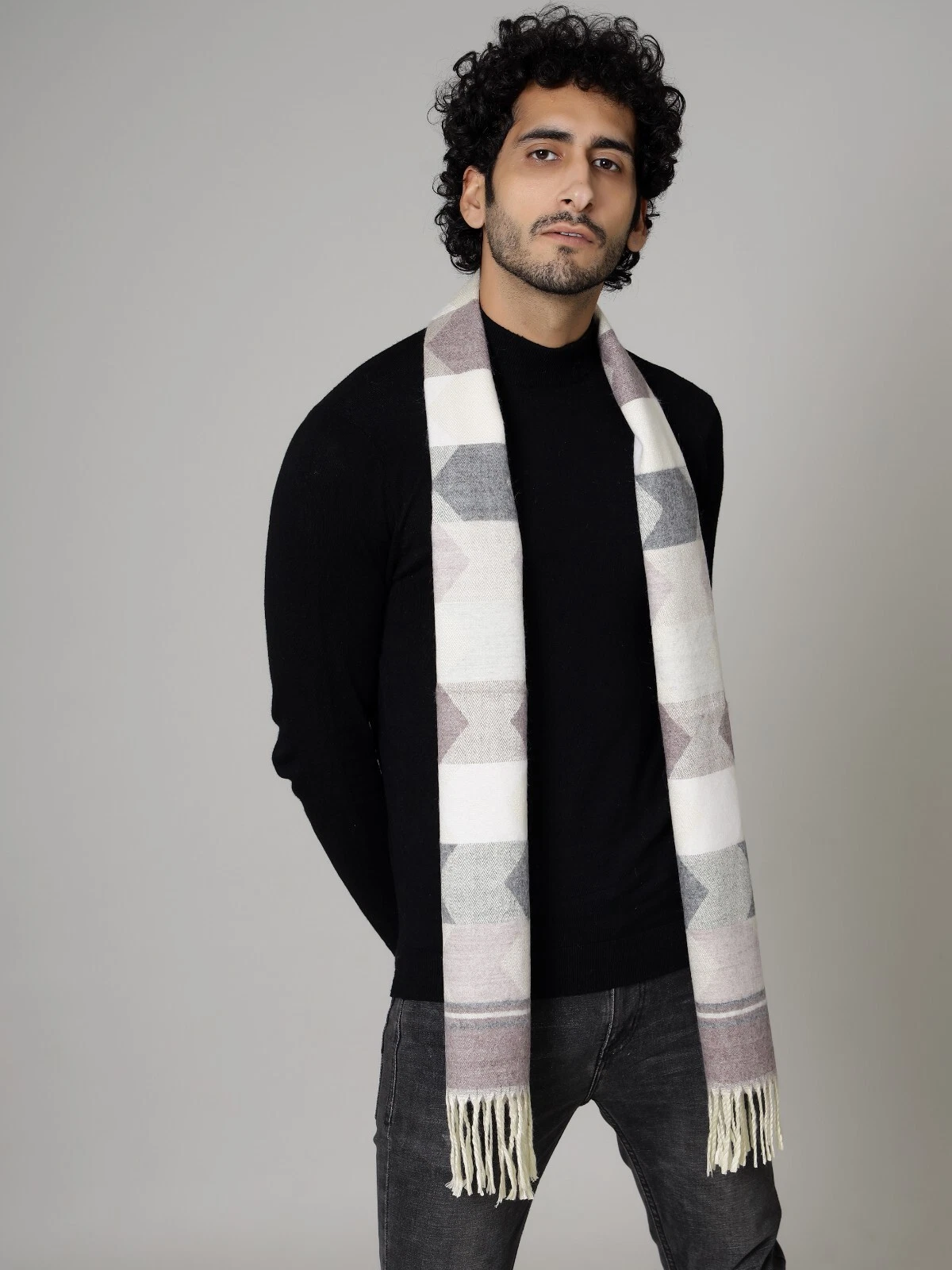 Men Women 100% CASHMERE SCARF Made in India Soft Wool Wrap Plaid White & Purple