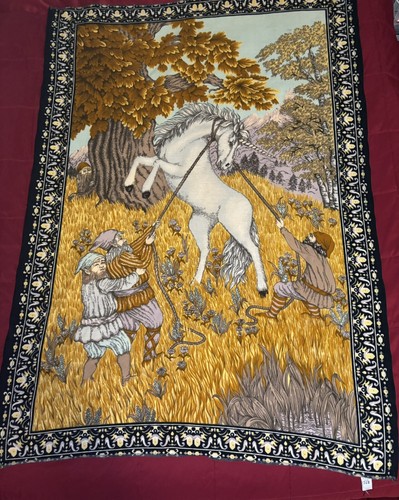 Gnomes Capturing Unicorn Tapestry Wall Hanging Art Vintage MCM A.T.C. Turkey 70s