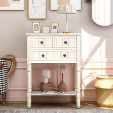 Vintage Ivory Narrow Console Table with 3 Drawers Shelf