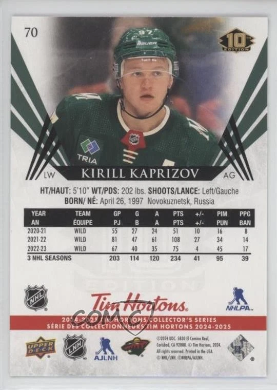2024-25 Upper Deck Tim Hortons Collector's Series Kirill Kaprizov #70 - Image 2 of 2