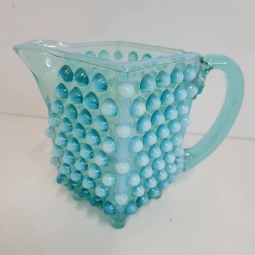 VTG Fenton Opalescent Hobnail Glass Creamer Square Pitcher Aqua Turquois Blue 5"