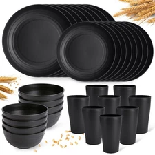 Black Plates and Bowls Sets for 8,Wheat Straw Dinnerware Sets Black Plastic R...