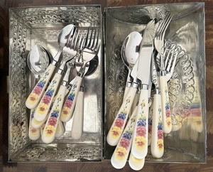 Vintage Corelle Summer Blush Stainless Flatware Set - Pansy Floral Design READ